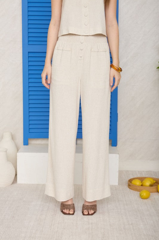 Smocked Waist Button Detail Linen Pants