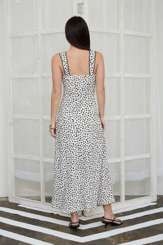 Floral Sweetheart Neck Trim Detail Midi Dress
