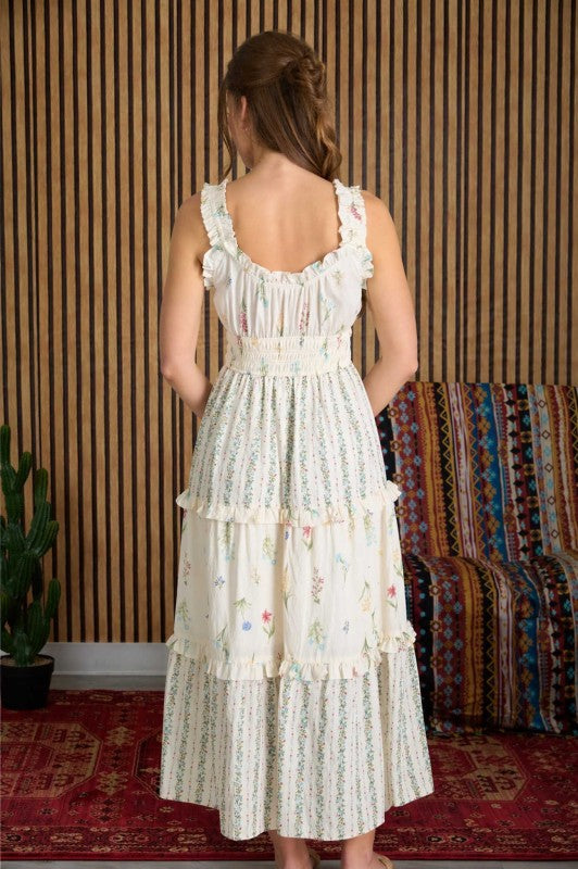 Floral Colorblock Ruffled Tiered Midi Dress