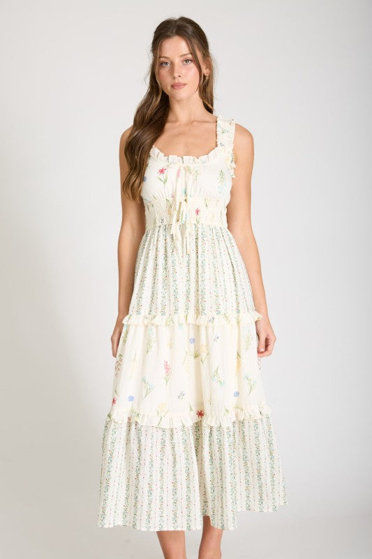 Floral Colorblock Ruffled Tiered Midi Dress