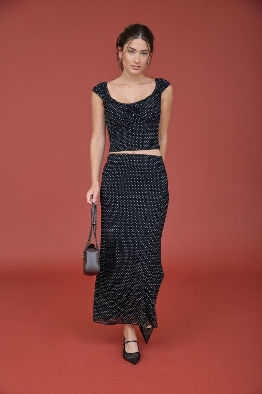 Polka Dot Mesh Pencil Midi Skirt