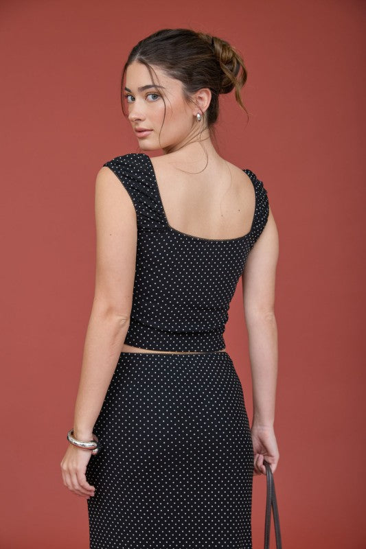 Polka Dot Front Tie And Ruching Detail Knit Top