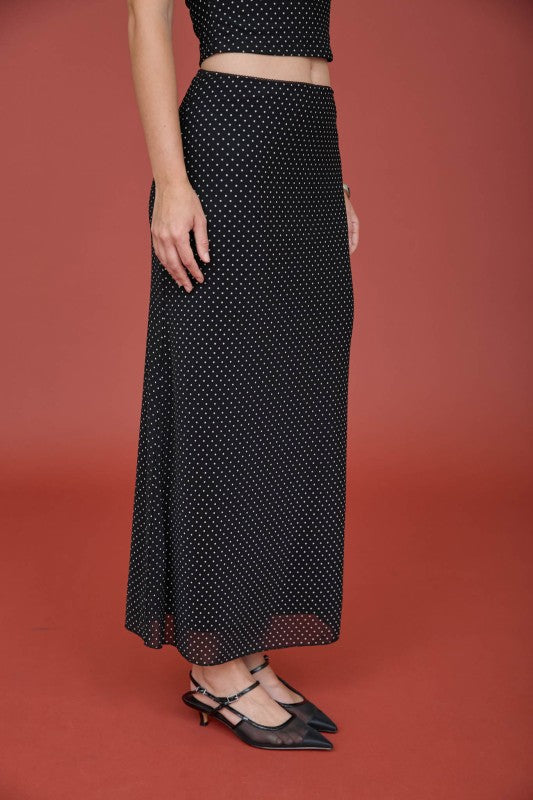 Polka Dot Mesh Pencil Midi Skirt