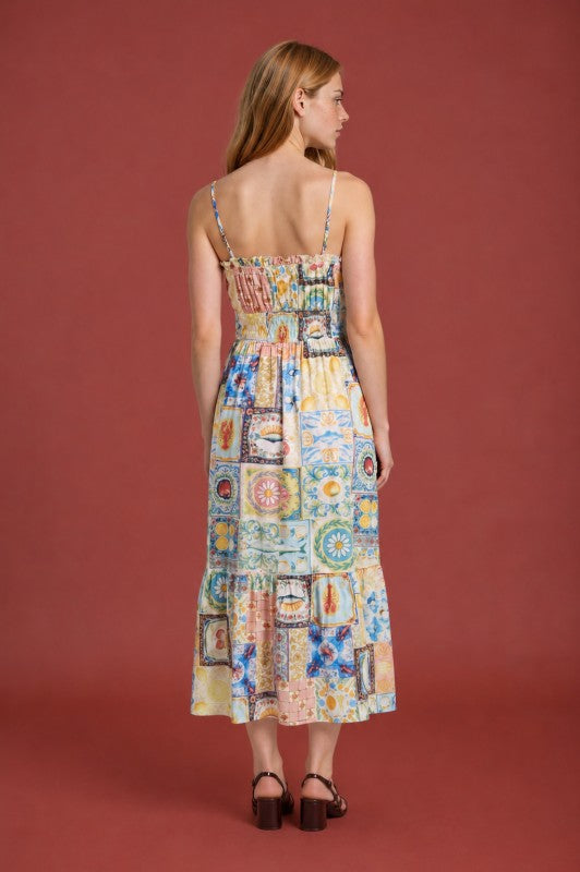 Positano Motif Spaghetti Strap Side Strap Midi Dress