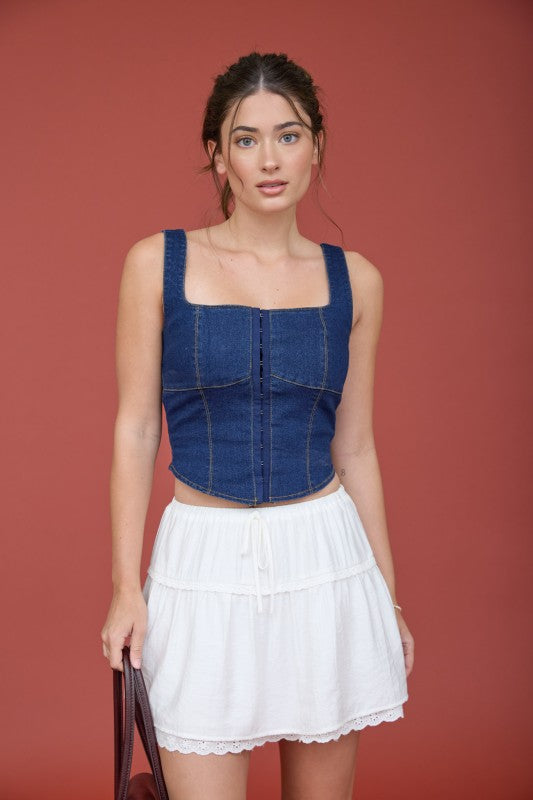 Square Neck Front Hook Cropped Denim Top