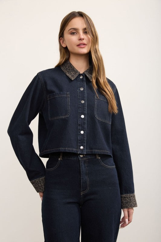 Leopard Collar Cropped Denim Shacket