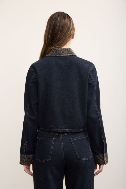 Leopard Collar Cropped Denim Shacket
