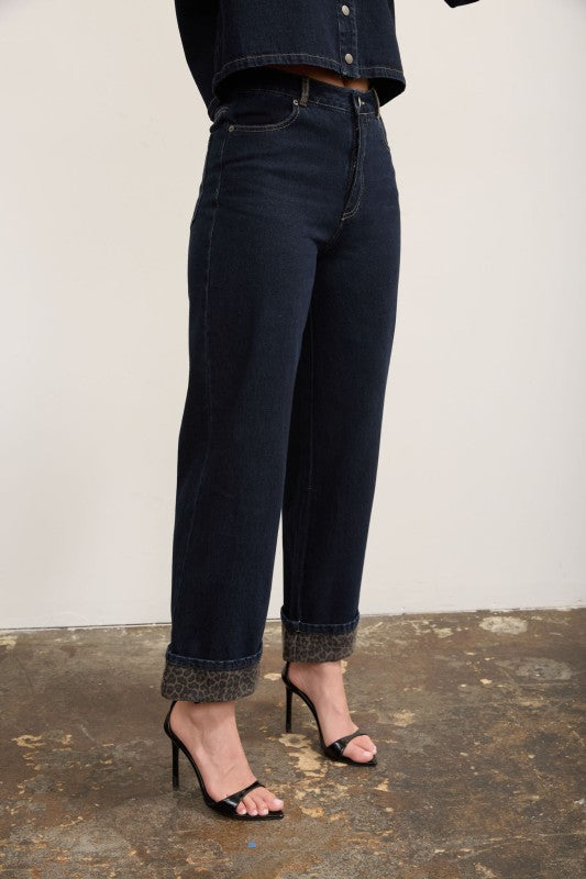 Leopard Cuff Detail Wide Leg Denim Jeans