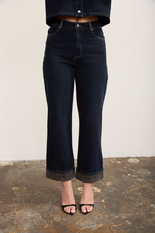 Leopard Cuff Detail Wide Leg Denim Jeans