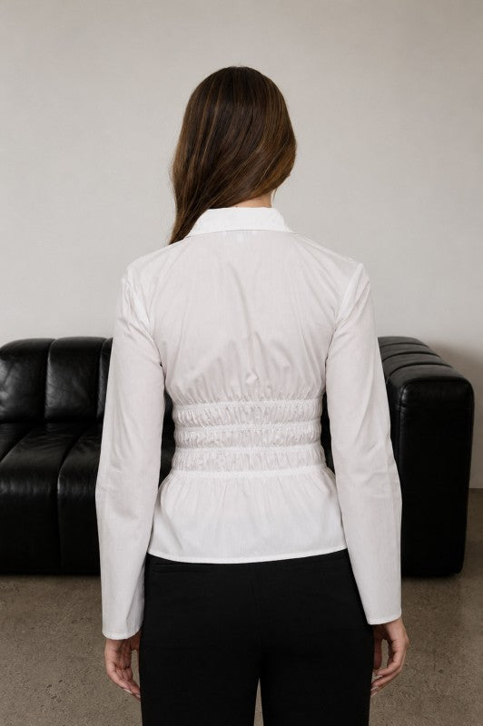 Collared Button Down Shirred Long Sleeve Top