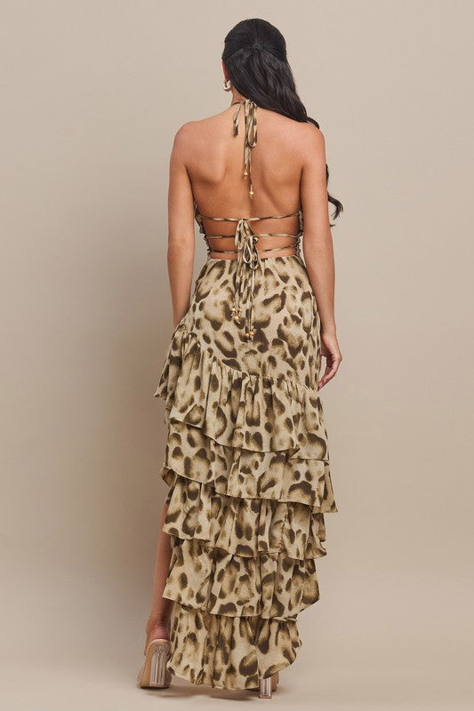 Halter Shirred Assymetric Maxi Dress