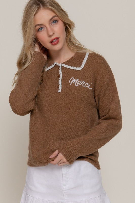 Long Sleeve Collar Stitch Polo Sweater