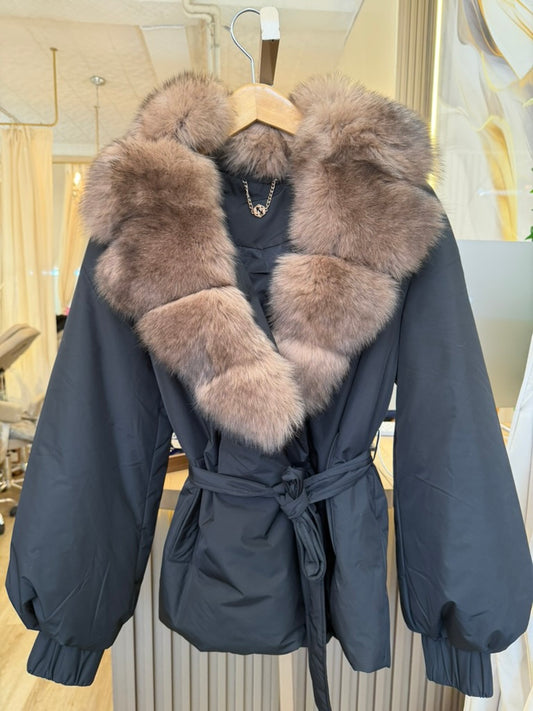 Fur Hood Black Tie Jacket