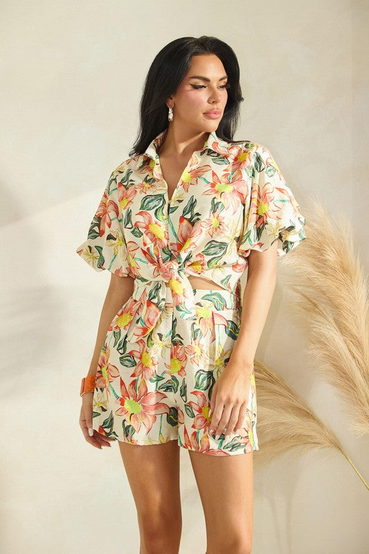 Floral Tied Neck Blouse Short Set