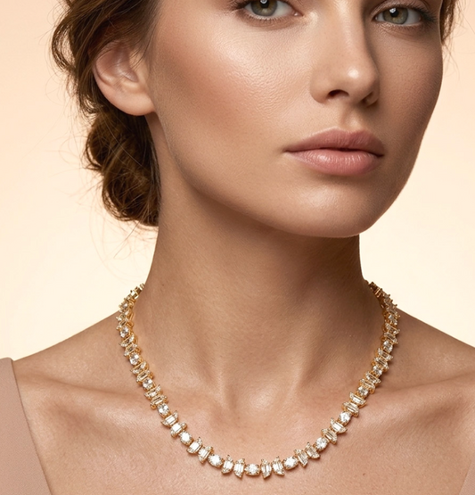 18K Gold Dipped Half Moon Round Stone Cluster Link Tennis Chain Necklace