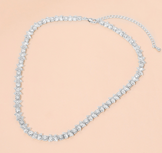 18K Gold Dipped Half Moon Round Stone Cluster Link Tennis Chain Necklace