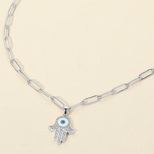Stainless Steel CZ Stone Paved Evil Eye Hamsa Hand Pendant Paperclip Chain Necklace