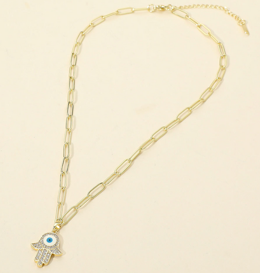 Stainless Steel CZ Stone Paved Evil Eye Hamsa Hand Pendant Paperclip Chain Necklace