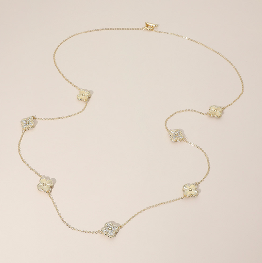 CZ Pave Quatrefoil Station Long Necklace