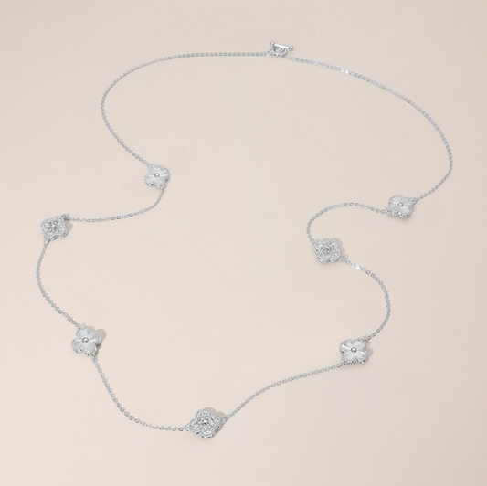 CZ Pave Quatrefoil Station Long Necklace