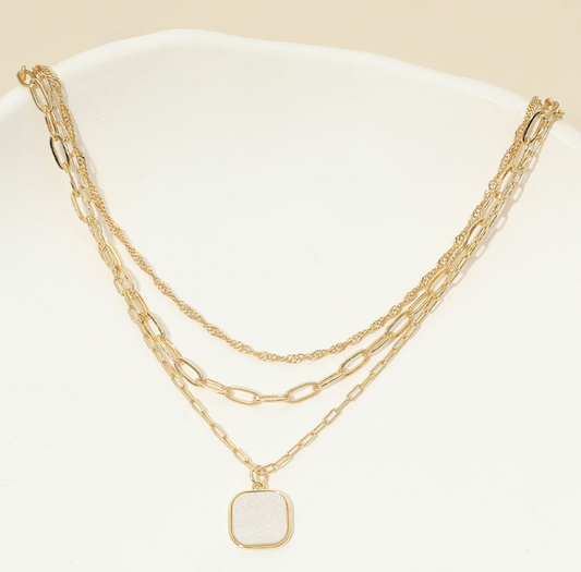 18K Gold Dipped Square Pendant Accent Mixed Paperclip Chain Layered Necklace