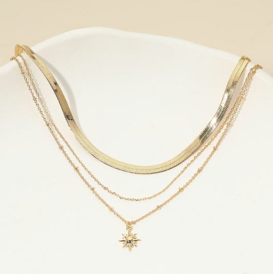 18K Gold Dipped Sunburst Charm Pendant Herringbone Chain Layered Necklace