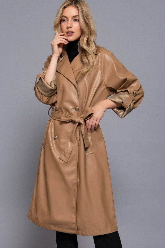 Double Breasted Button Faux Leather Trench Coat