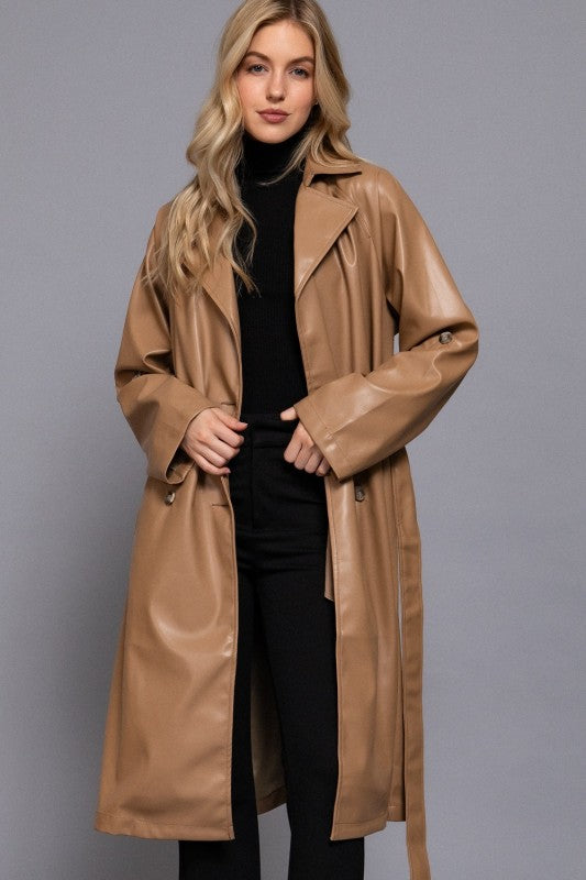 Double Breasted Button Faux Leather Trench Coat
